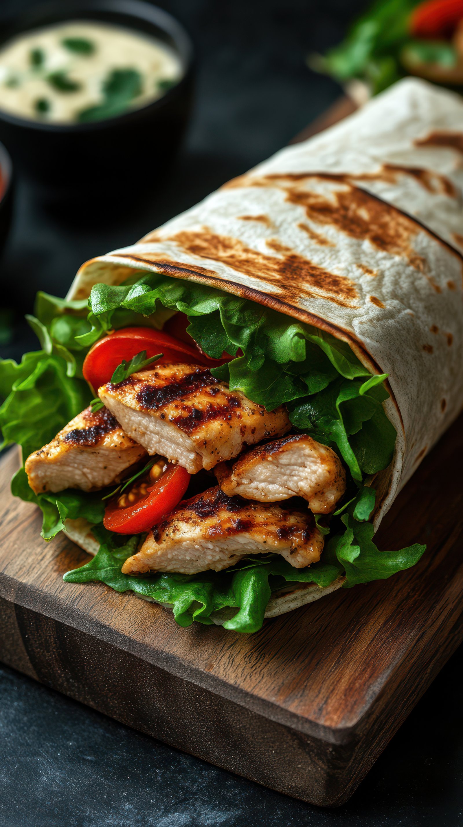 Grilled chicken wrap with fresh vegetables served on a wooden board in a cozy setting